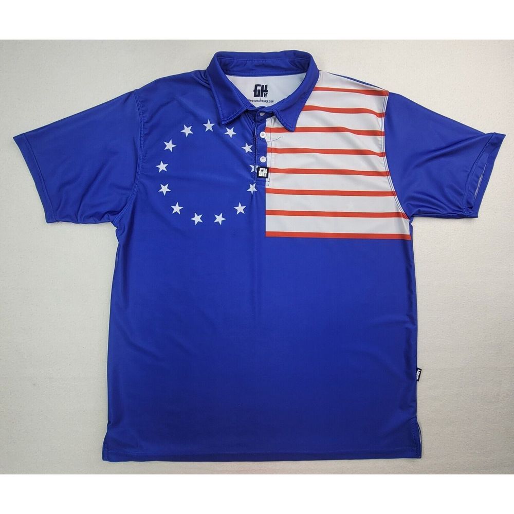 Greater Half Golf Polo Shirt Men  L American Patriotic Double Sided‎ Graphic
